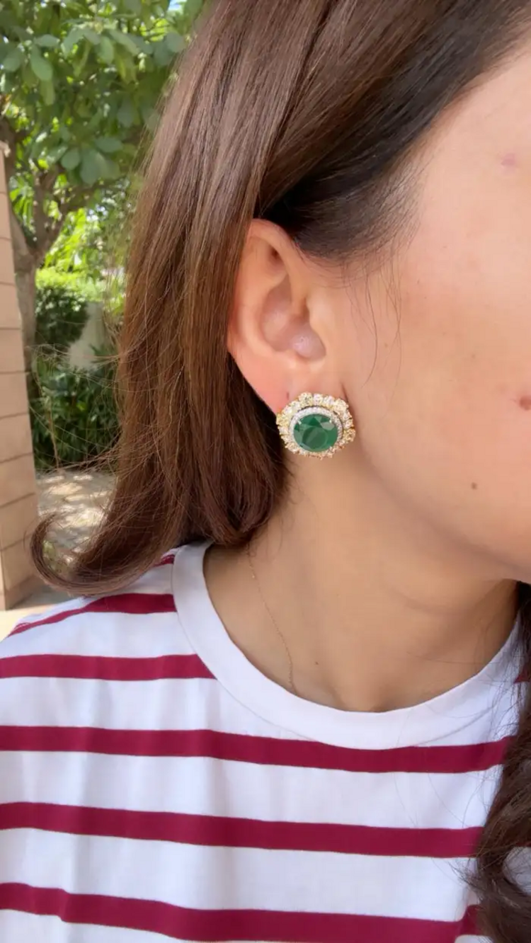 Natural Zambian Emerald & Yellow Diamond Earrings - 18k White Gold Stud Earrings
