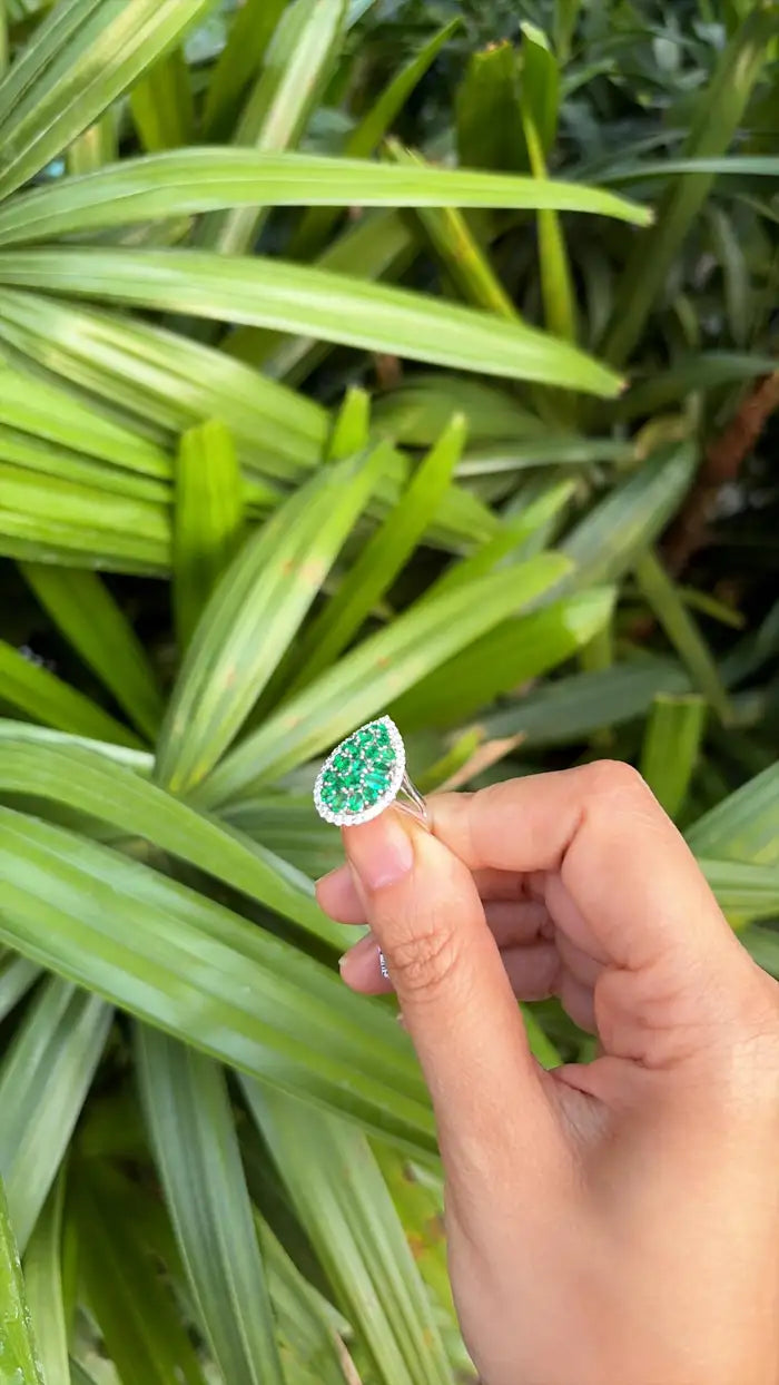 18k White Gold Diamond Ring - Natural Zambian Emerald Cocktail Ring