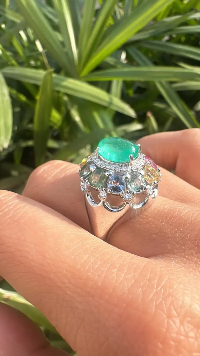 18k White Gold Handmade Diamond Ring - Natural Multi Sapphire, Colombian Emerald Dome Ring Main Image