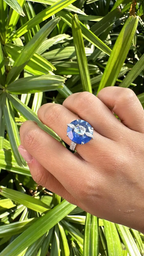 13.38 Ct. Round Cut Blue Sapphire Gemstone Ring - 18k White Gold Wedding With Rose Cut Diamonds