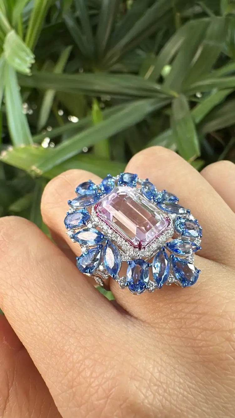 Natural Kunzite & Blue Sapphire Cocktail Ring - 18k White Gold Diamond Ring