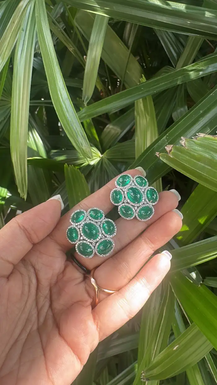 18k White Gold Diamond Stud Earrings - Natural Zambian Emerald Cabochons Earrings