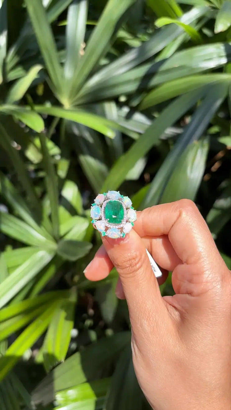 18k White Gold Diamond Ring - Natural Zambian Emerald & Ethiopian Opal Cocktail Ring