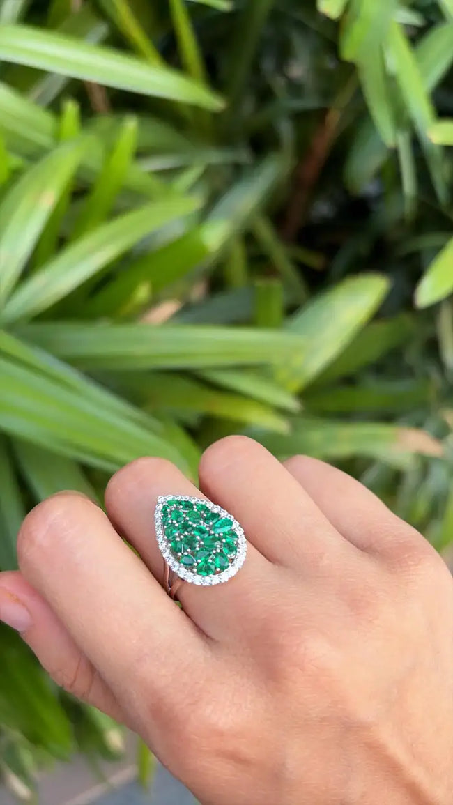 18k White Gold Diamond Ring - Natural Zambian Emerald Cocktail Ring Main Image