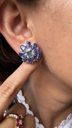 Natural Aquamarine & Tanzanite Gemstone Stud Earrings - 18k White Gold Diamond Handmade Earrings