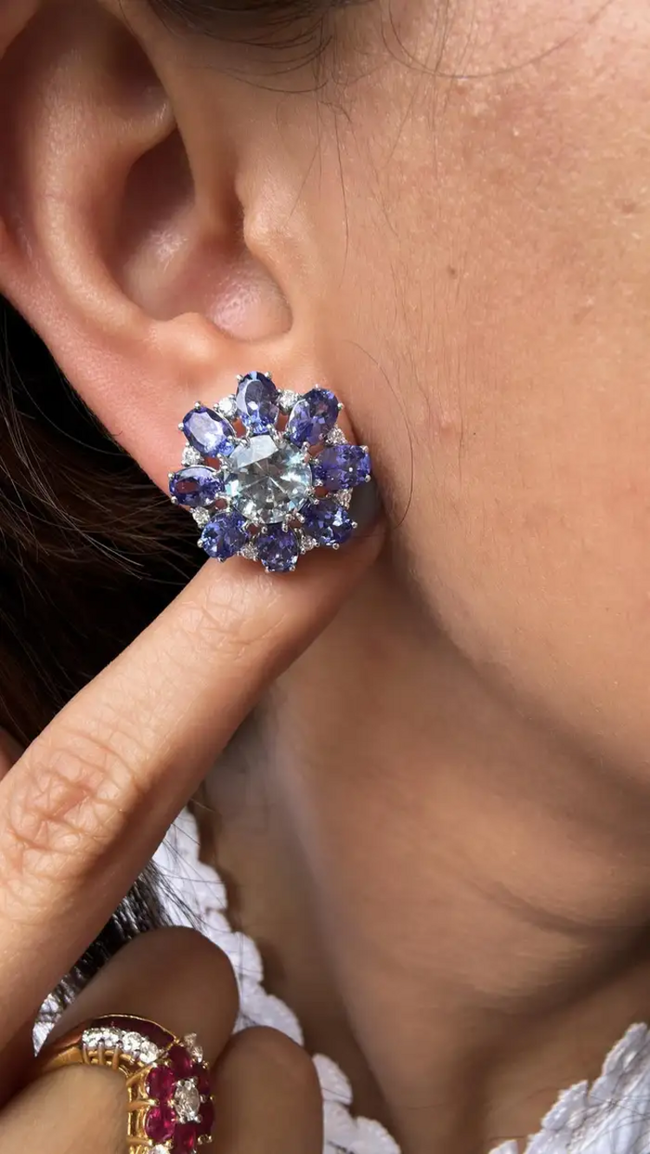 Natural Aquamarine & Tanzanite Gemstone Stud Earrings - 18k White Gold Diamond Handmade Earrings Main Image