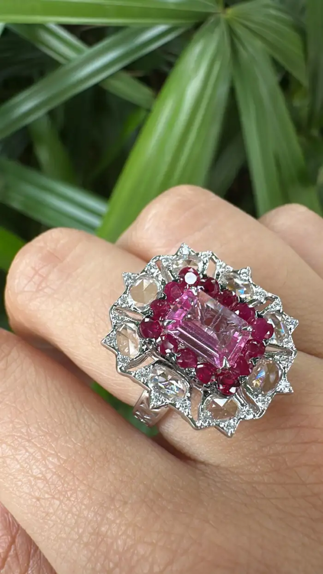 18k White Gold Rose Cut Diamond Cocktail Ring - Natural Ruby & Pink Sapphire Wedding Ring Main Image