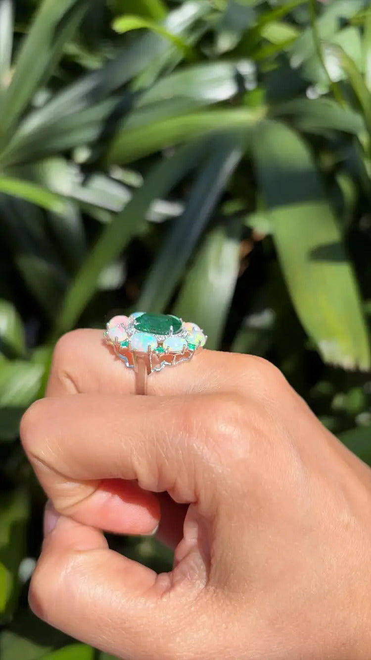 18k White Gold Diamond Ring - Natural Zambian Emerald & Ethiopian Opal Cocktail Ring