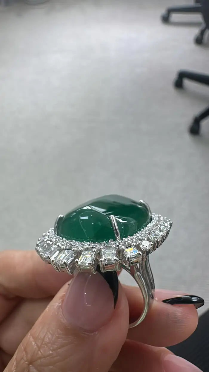Natural 38.25 Ct. Emerald Cocktail Ring - 18k White Gold Princess Diamond Statement Ring