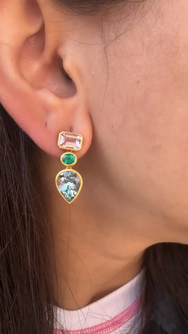 18K Yellow Matte Gold, Aquamarine, Emerald & Morganite Dangle Earring Main Image