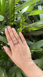 18k White Gold Diamond Cocktail Ring - Natural Morganite & Red Enamel Anniversary Ring
