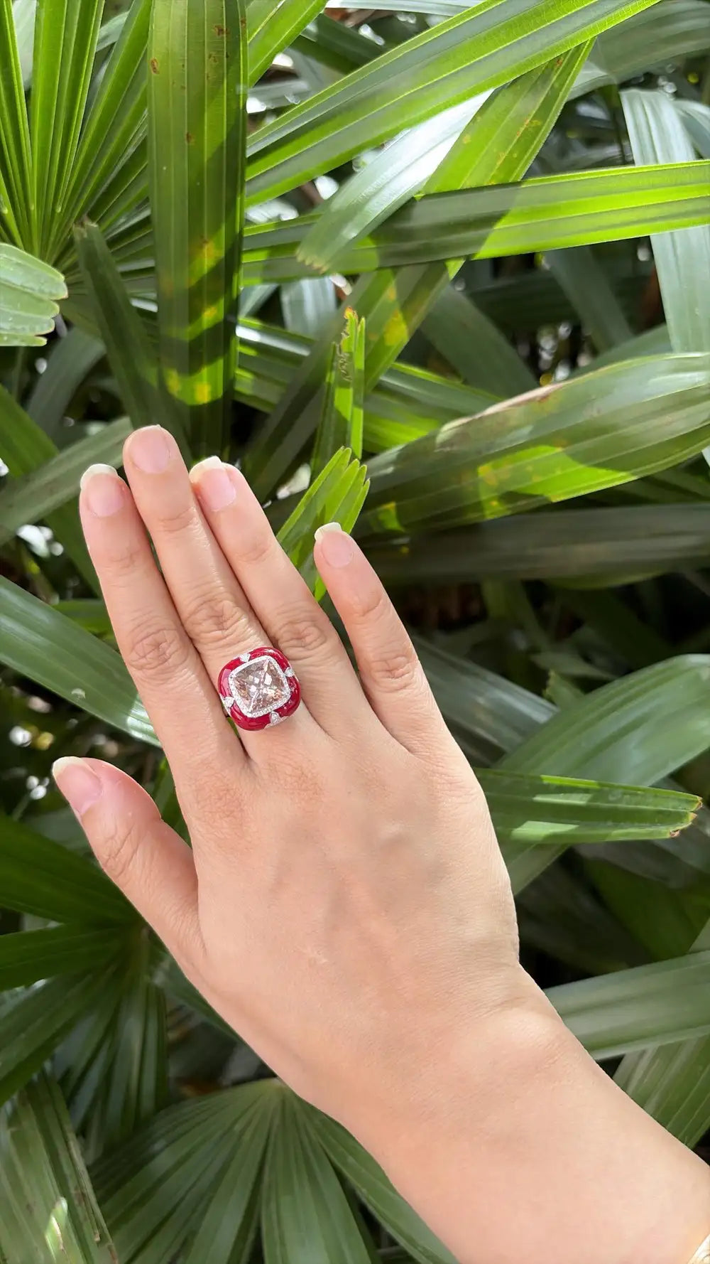 18k White Gold Diamond Cocktail Ring - Natural Morganite & Red Enamel Anniversary Ring