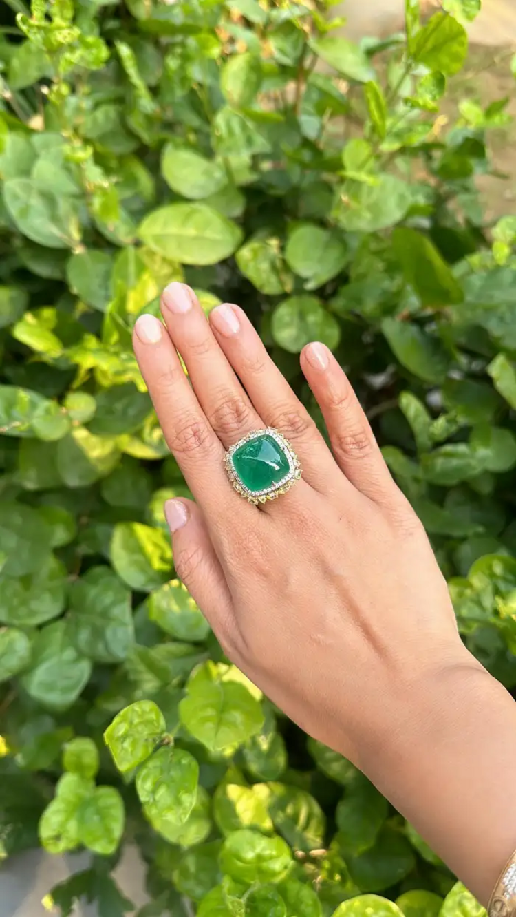 18k White Gold Statement Ring With Yellow Diamond - Natural Zambian Emerald Cocktail Ring