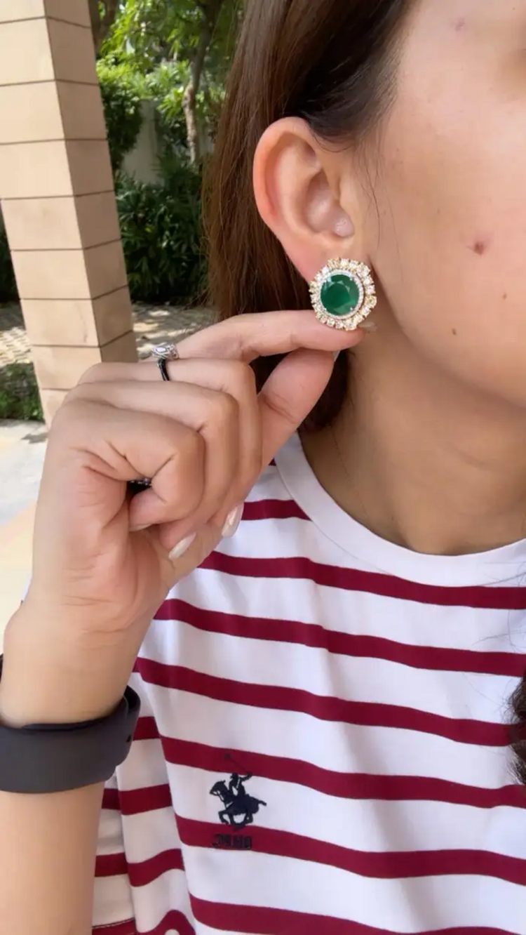 Natural Zambian Emerald & Yellow Diamond Earrings - 18k White Gold Stud Earrings