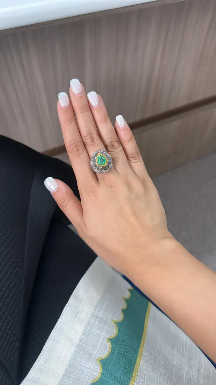 Natural Colombian Emerald & Slice Diamond Wedding Ring - 18k White Gold Ring