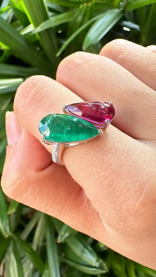 18k White Gold Diamond Cuff Ring - Natural Rubellite & Zambian Emerald Women Ring