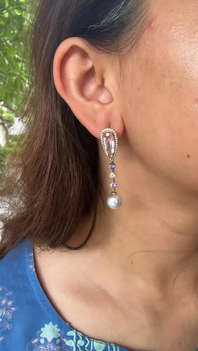 14.32 carat, Kunzite, Multi Sapphire, South Sea Pearl & Diamonds Dangle Earrings Main Image