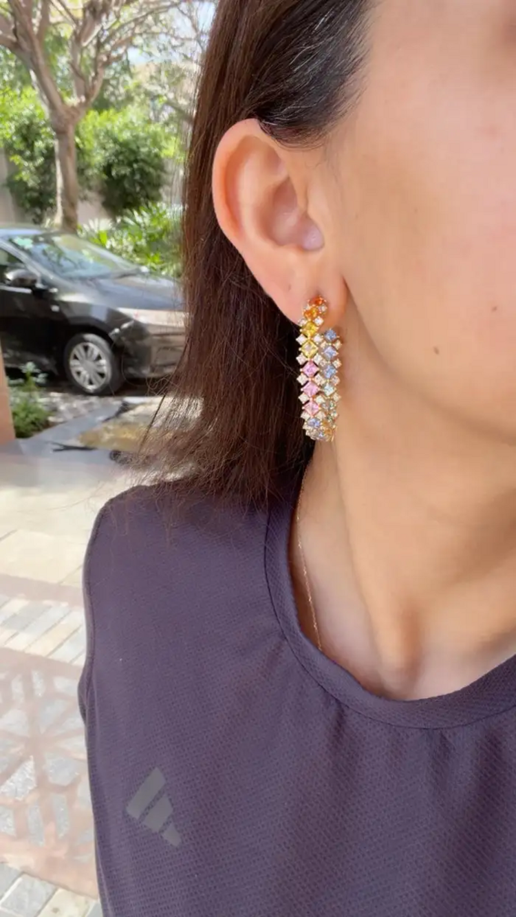 Natural Multi Sapphire & Diamond Hoop Earrings - 18k Yellow Gold Hoop Earrings