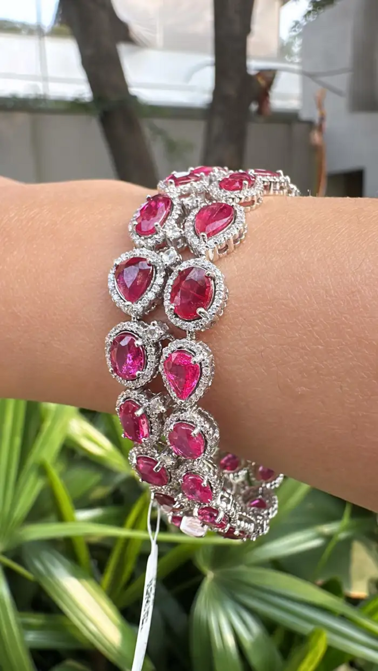 Natural Mozambique Ruby Women Bracelet - 18k White Gold Diamond Handmade Bracelet