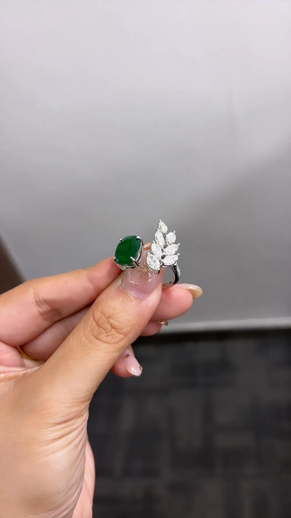 18k White Gold Handmade Bridal Ring - Natural Zambian Emerald & Diamond Ring