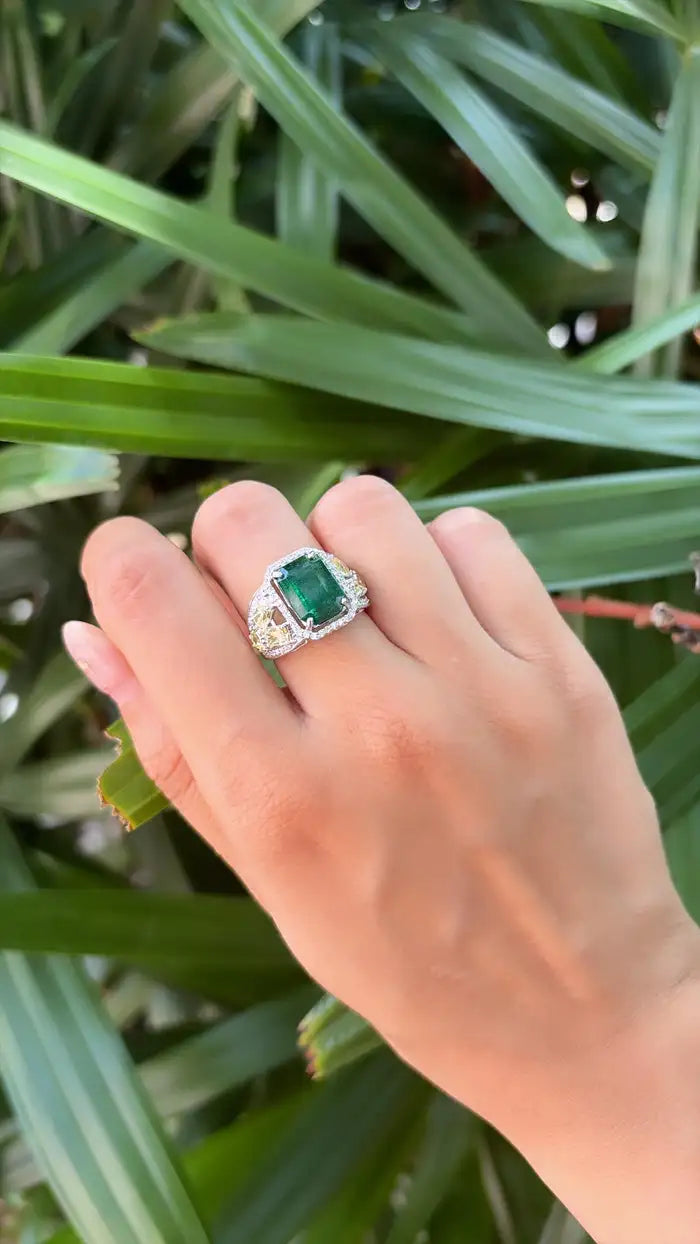 Natural Zambian Emerald Cocktail Ring - 18k White Gold Ring With Yellow Diamonds