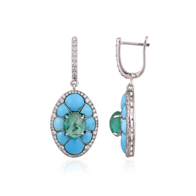 18k White Gold Diamond Dangle Earrings - Natural Emerald & Turquoise Gemstone Earrings Main Image