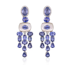 18k White Gold Diamond Handmade Earrings - Natural Blue Sapphire & Mother Of Pearl Chandelier Earrings