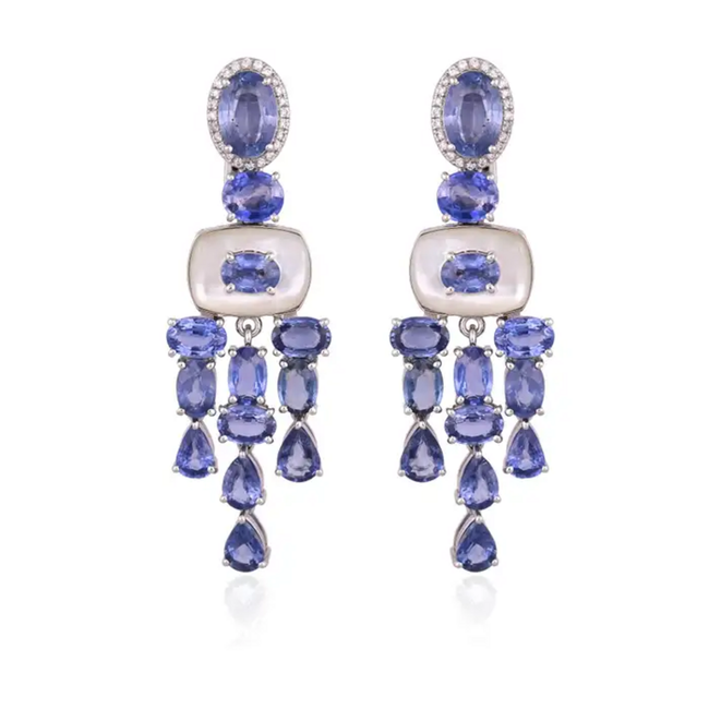 18k White Gold Diamond Handmade Earrings - Natural Blue Sapphire & Mother Of Pearl Chandelier Earrings Hover Image