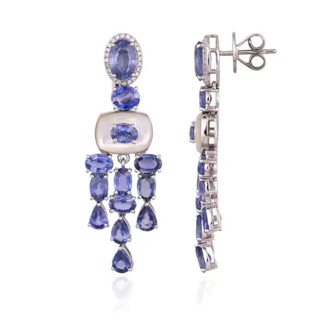 18k White Gold Diamond Handmade Earrings - Natural Blue Sapphire & Mother Of Pearl Chandelier Earrings Main Image