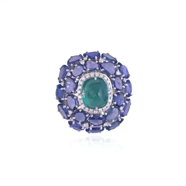 18k White Gold Diamond Statement Ring - Natural Zambian Emerald & Blue Sapphire Cocktail Ring Hover Image