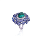 18k White Gold Diamond Statement Ring - Natural Zambian Emerald & Blue Sapphire Cocktail Ring