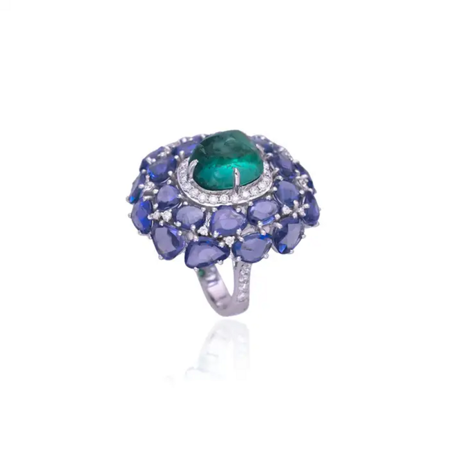 18k White Gold Diamond Statement Ring - Natural Zambian Emerald & Blue Sapphire Cocktail Ring Main Image