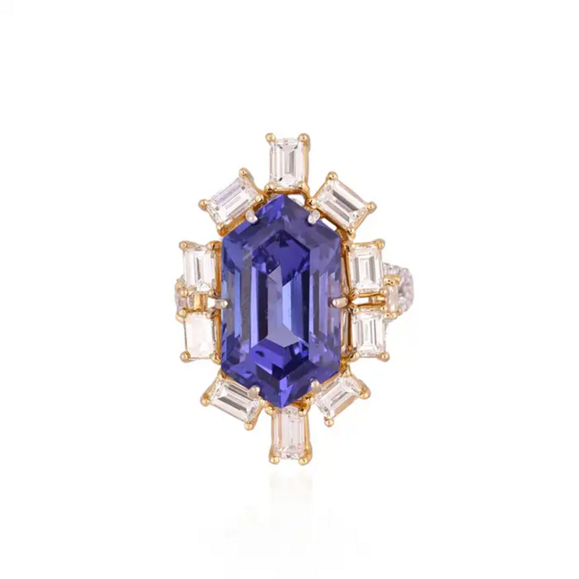 18k White Gold Yellow Diamond Engagement Ring - Natural Hexagon Cut Tanzanite Statement Ring Hover Image