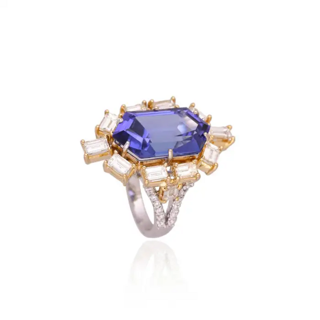 18k White Gold Yellow Diamond Engagement Ring - Natural Hexagon Cut Tanzanite Statement Ring Main Image