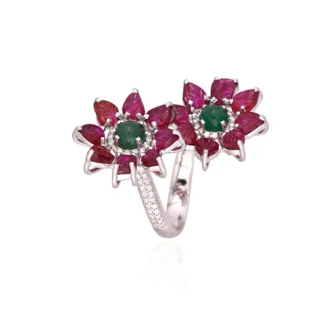 18k White Gold Diamond Toi et Moi Ring - Natural Ruby & Zambian Emerald Wrap Ring Main Image