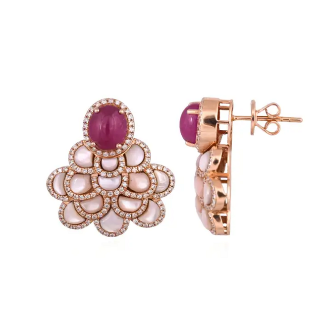 18k Rose Gold Diamond Stud Earrings - Natural Ruby & Mother Of Pearl Dangle Earrings Hover Image