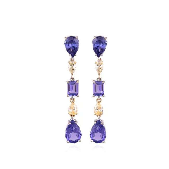 18k White Gold Diamond Dangle Earrings - Natural Tanzanite & Yellow Diamond Earrings Hover Image