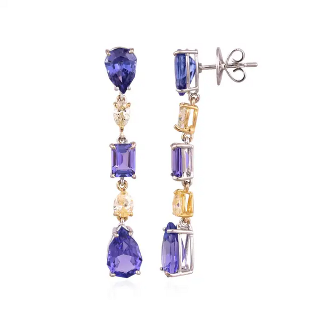 18k White Gold Diamond Dangle Earrings - Natural Tanzanite & Yellow Diamond Earrings Main Image