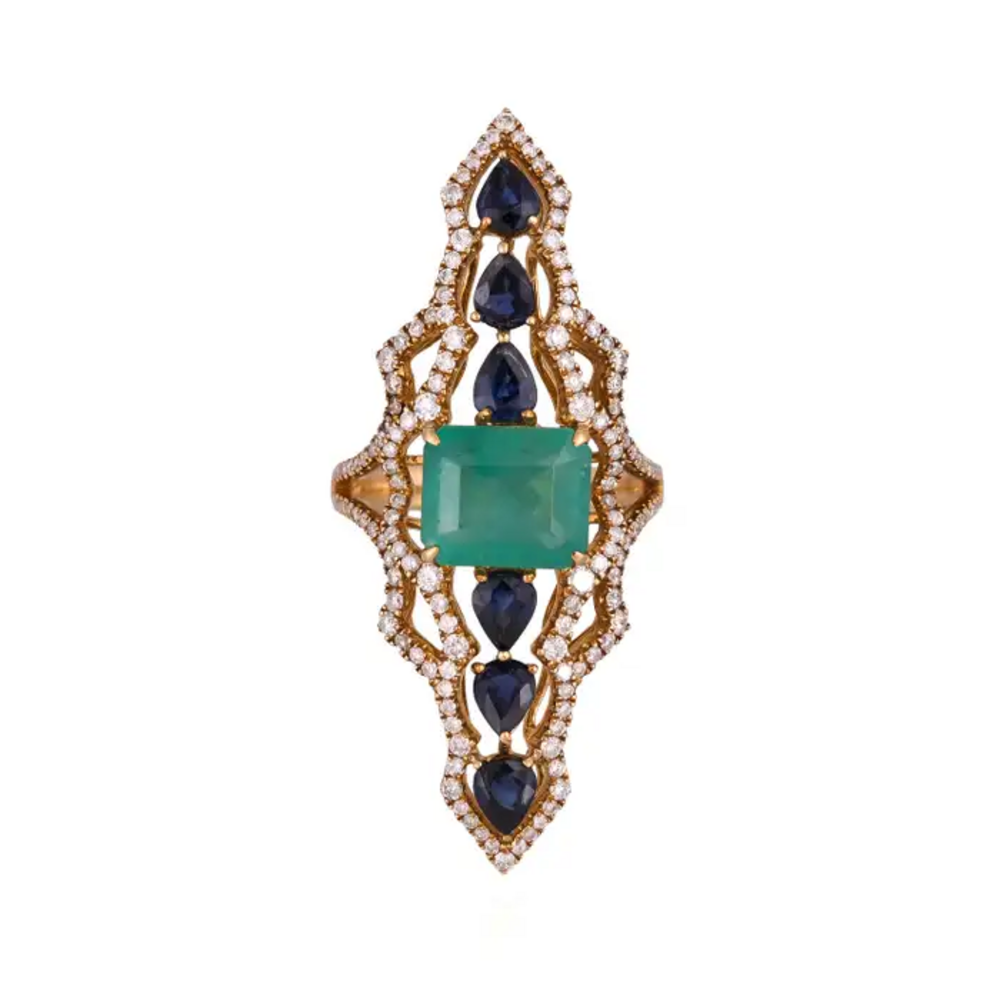 18k Yellow Gold Diamond Handmade Ring - Natural Colombian Emerald & Blue Sapphire Cocktail Ring