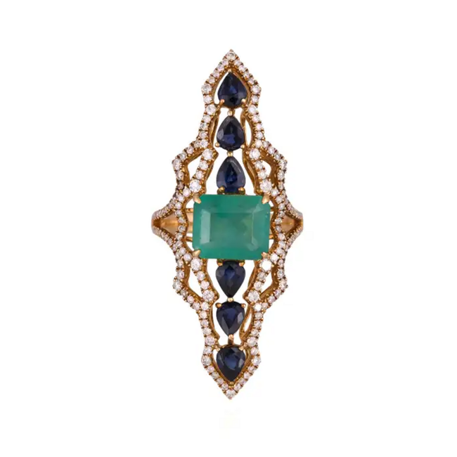 18k Yellow Gold Diamond Handmade Ring - Natural Colombian Emerald & Blue Sapphire Cocktail Ring Hover Image