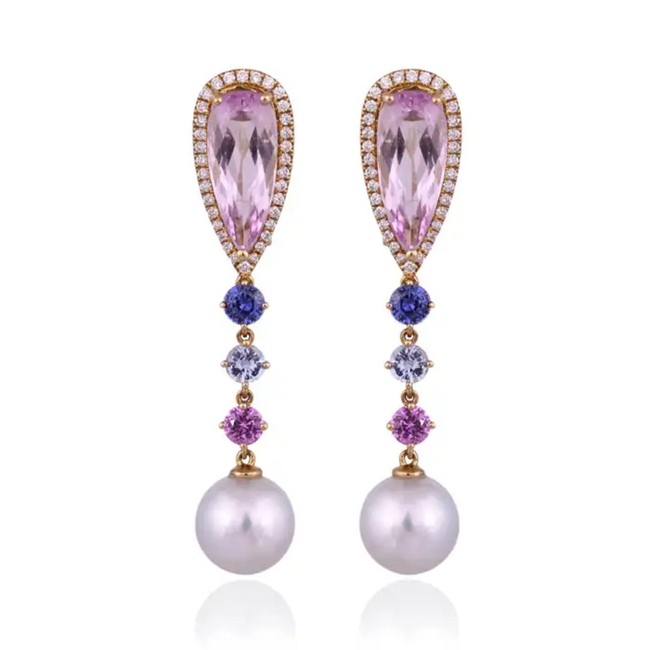 14.32 carat, Kunzite, Multi Sapphire, South Sea Pearl & Diamonds Dangle Earrings Hover Image