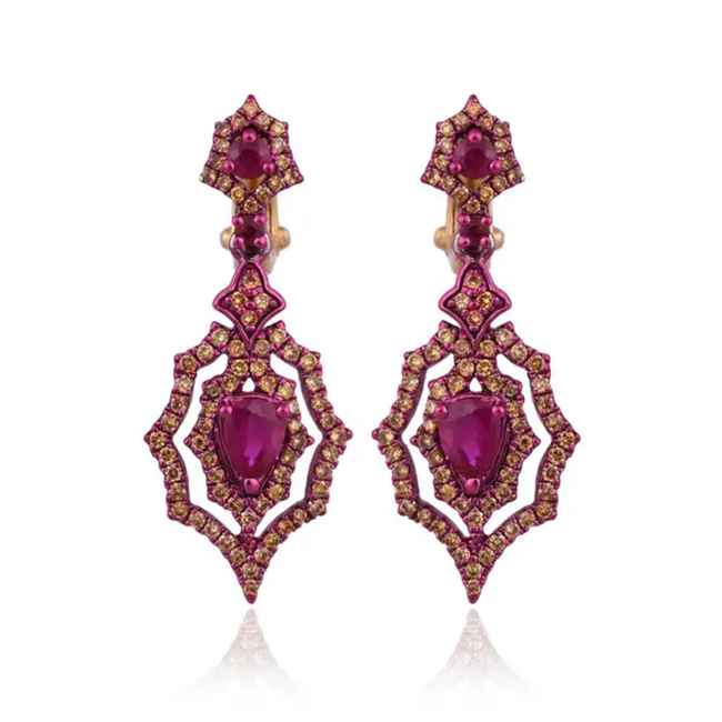 18k Gold Red Rhodium Diamond Dangle Earrings - Natural Mozambique Ruby Earrings Hover Image