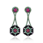 Green Rhodium 18k Gold Diamond Dangle Earrings - Natural Tourmaline & Black Onyx Stud Earrings