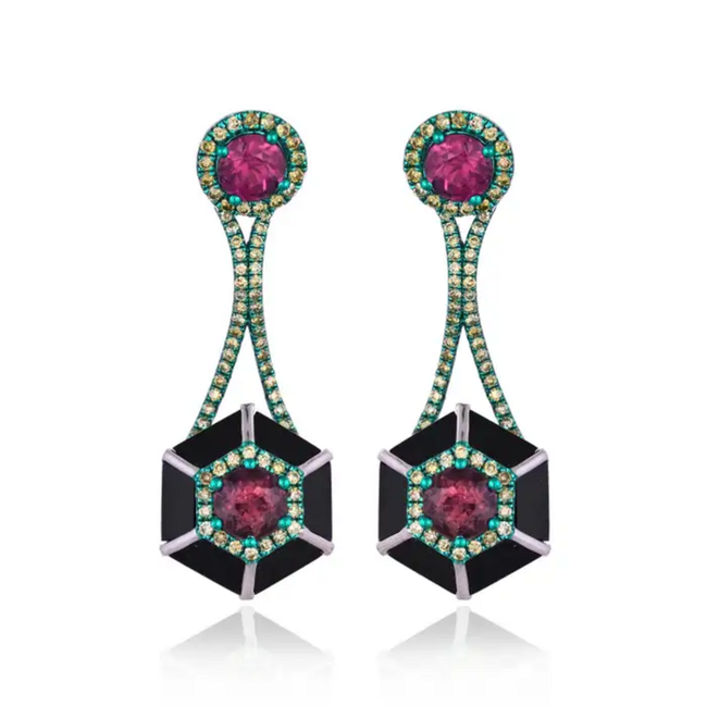 Green Rhodium 18k Gold Diamond Dangle Earrings - Natural Tourmaline & Black Onyx Stud Earrings Hover Image