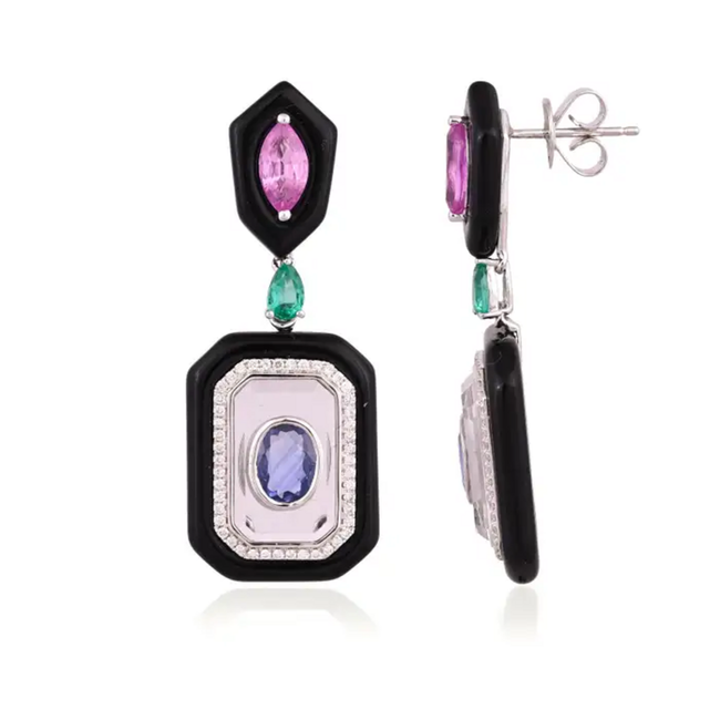 18k White Gold Diamond Dangle Earrings - Natural Emerald, Sapphire, Black Onyx & Crystal Earrings Hover Image