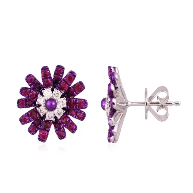 Natural Mozambique Ruby & Diamonds Stud Earrings - 18k Gold Purple Rhodium Tiny Stud Earrings Hover Image
