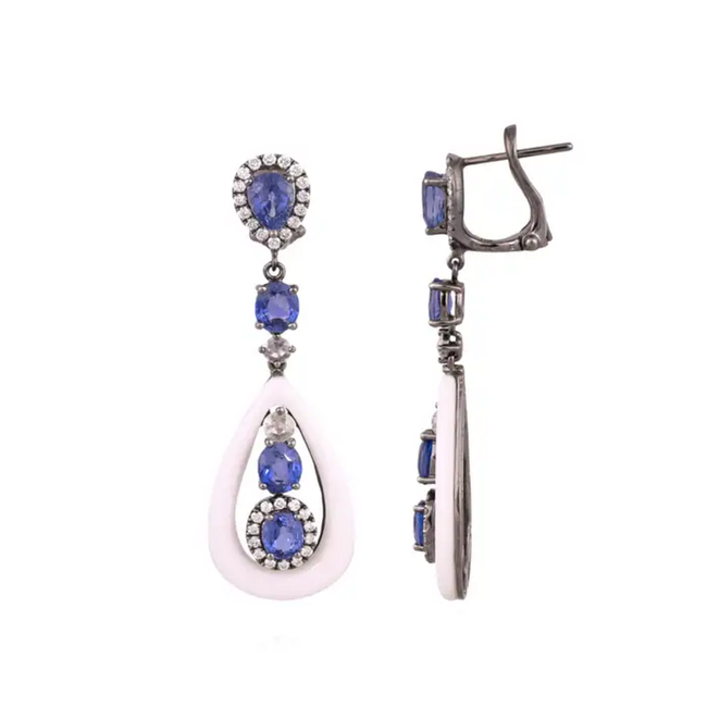 18k White Gold Diamond Dangle Earrings - Natural Blue Sapphire & Onyx Earrings Hover Image