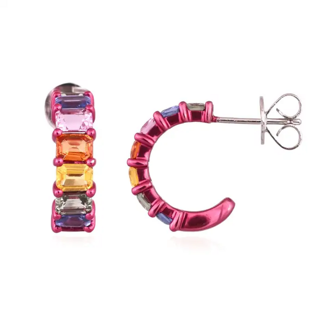 18k White Gold Half Hoop Earrings - Natural Ceylon Multi Sapphire Tiny Earrings Hover Image