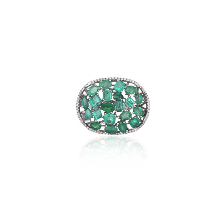 Solid 18k White Gold Diamond Ring - Natural Zambian Emerald Statement Ring