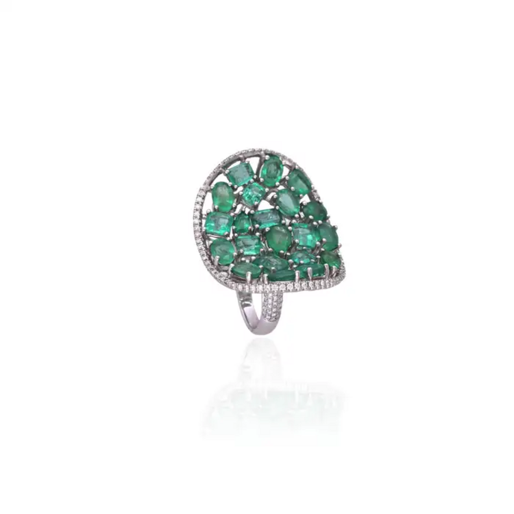 Solid 18k White Gold Diamond Ring - Natural Zambian Emerald Statement Ring